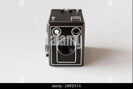 A vintage analogue box camera on a white isolated background - 3D ...