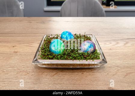 Freshly grown cress grows in a glass square bowl, colored eggs visible. Stock Photo