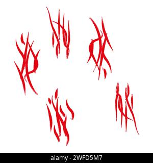 Set with werewolf, cat or beast red scratch scrape. Four wound marks. print with wild animal claw. Monster sign. Genus feline symbol. vector illustrat Stock Vector