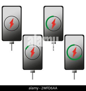 Mobile phone screen with low, full, medium battery indicators. Electricity accumulators. Charging wire. Vector illustration. EPS 10. Stock Vector