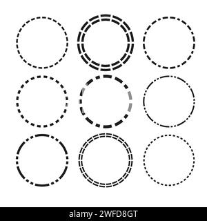 Radial, radiating, converging circular rings of dashed line circles. Periodic, infrequent bits, particles. Vector illustration. EPS 10. Stock Vector