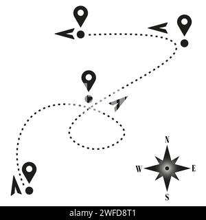 Path pin in doodle style. Travel route, wind rose. Vector illustration. EPS 10. Stock Vector