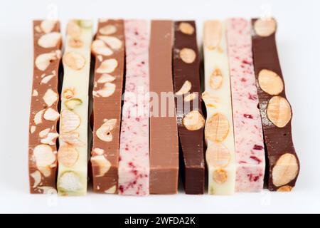 Set of different chocolate bars on white background Stock Photo