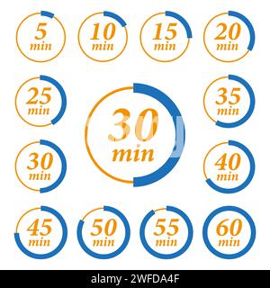 Minute timer icons set. Icons for one minute, five, ten, fifteen or more minutes. The arrow indicates the limited cooking time or deadline for an even Stock Vector