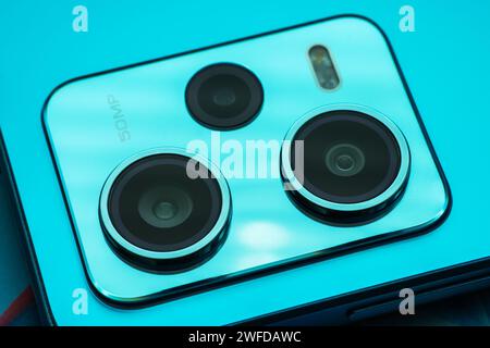 Modern smartphone camera lens, macro view. close up. Stock Photo
