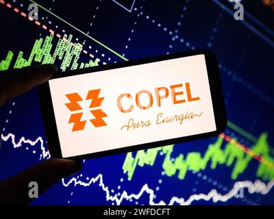 Konskie, Poland - January 27, 2024: Copel company logo displayed on mobile phone screen Stock Photo