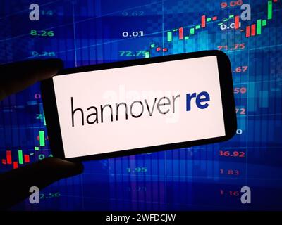 Konskie, Poland - January 27, 2024: Hannover Re company logo displayed on mobile phone screen Stock Photo