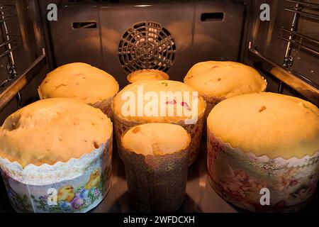 Traditional yeast Easter bread is baked in the oven. Easter cake Stock Photo