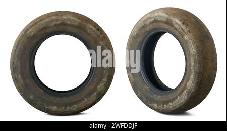 set of old worn out tires, dirty and used tires in different angles and isolated on white background, safe driving and vehicle maintenance concept Stock Photo