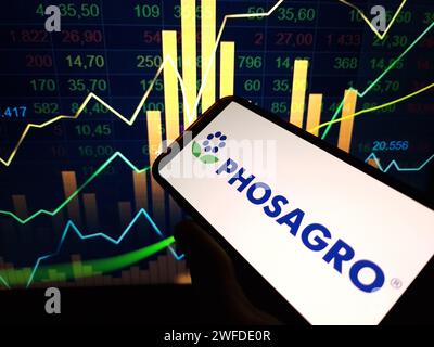 Konskie, Poland - January 27, 2024: PhosAgro company logo displayed on mobile phone screen Stock Photo