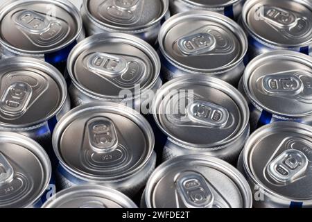 metal beer cans background close up. Stock Photo