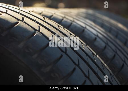 Tire stack background. Selective focus Stock Photo