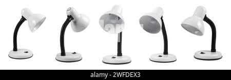 set of vintage black desk lamp isolated on white background, taken in different angles, interior office or home decoration concept, template mock-up, Stock Photo