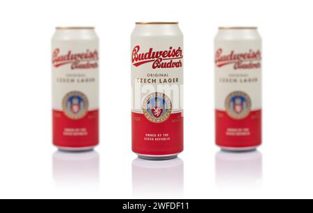 Dnipro, Ukraine 14 nov, 2023: Aluminium Budweiser Budvar lager beer in can on the white background. Budweiser is made by Budweiser Budvar in Czech Rep Stock Photo