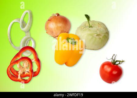 Hovering in the air sliced vegetables on light green background. Stock Photo