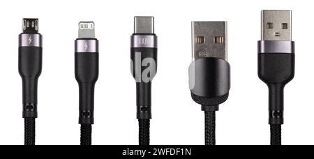 Phone charging cables on white background. Different usb charging plugs. USB Type C, Micro USB, Usb lightning. Stock Photo