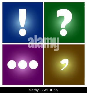 Colorful punctuation mark backgrounds. Question sign, exclamation mark, ellipses, comma. Vector illustration. EPS 10. Stock image. Stock Vector