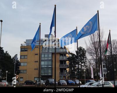 Flags of the United Nations are waving in the wind near the World Forum in the city of The Hague, Netherlands Stock Photo