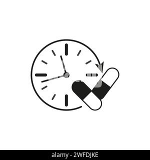 time taking dose medication icon, hour pills treatment, ingestion tablets reminder. Vector illustration. Stock image. EPS 10. Stock Vector