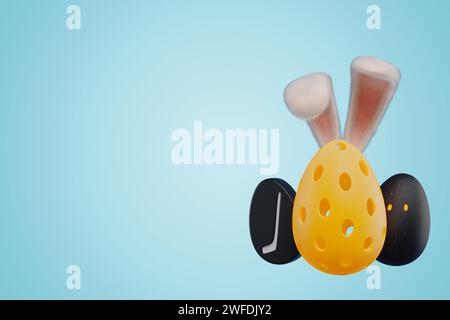 Sports balls for pickleball hockey squash in the shape of an egg with Easter bunny ears. 3d rendering Stock Photo