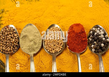 Various spices in vintage spoons Stock Photo