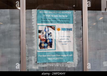 Maidenhead, Berkshire, UK. 29th January, 2024. A sign for the Foodshare foodbank in Maidenhead, Berkshire. Credit: Maureen McLean/Alamy Stock Photo