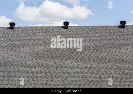 Grey and charcoal asphalt shingles roof with black metal louver vents. Stock Photo