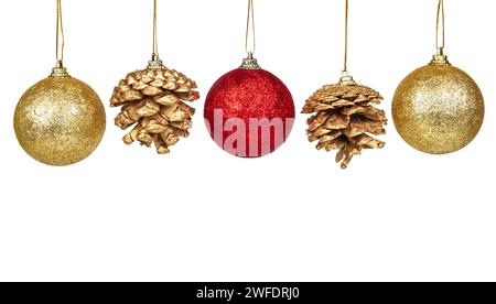 Group of colorful christmas tree baubles hangers in gold and red with pine cones isolated on white background Stock Photo