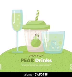 Set of pear cider glass, plastic cup pear soda and glass with ices. Vector illustration Stock Vector