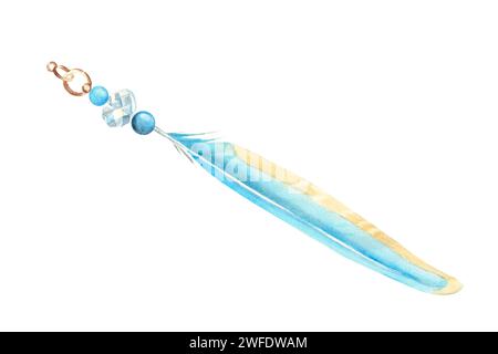 Watercolor composition from pale blue feather and small sea shells ...