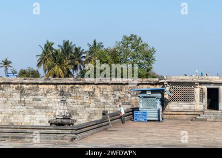 Belur, Karnataka, India - January 9 2023: The old tank in the courtyard surrounded by palm trees at the Chennakeshava temple complex. Stock Photo