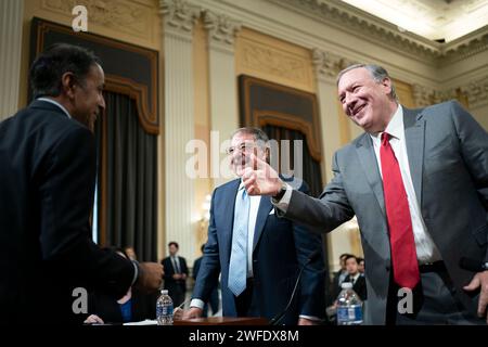 Washington, United States. 30th Jan, 2024. Rep. Raja Krishnamoorthi, D-IL, greets Former U.S.Secretary of Defense Leon Panetta and Former U.S. Secretary of State Mike Pompeo before a House Select Committee on the Strategic Competition Between the United States and the Chinese Communist Party hearing at the U.S. Capitol in Washington, DC on Tuesday, January 30, 2024. Photo by Bonnie Cash/UPI Credit: UPI/Alamy Live News Stock Photo
