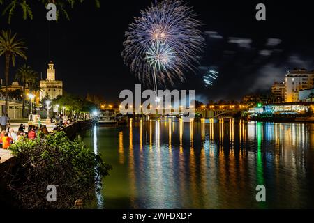 Fireworks at the end of April Feria, Seville, Spain Stock Photo