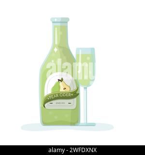 Pear cider bottle and glass set. Vector illustration Stock Vector