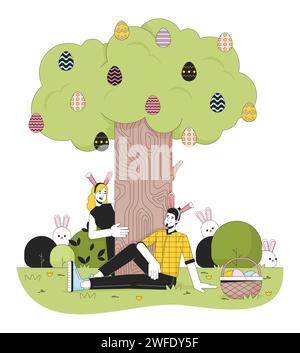Easter egg hunting 2D linear illustration concept Stock Vector