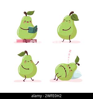 Set of cute pears that read, walk, dance and sleep Stock Vector