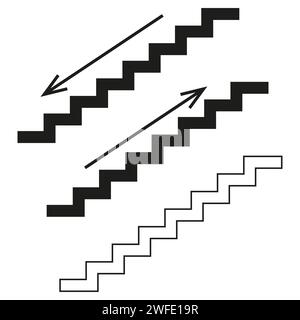 Stairs icon set. The direction of movement on the stairs. Stairs with up and down arrows. Vector illustration. EPS 10. Stock image. Stock Vector