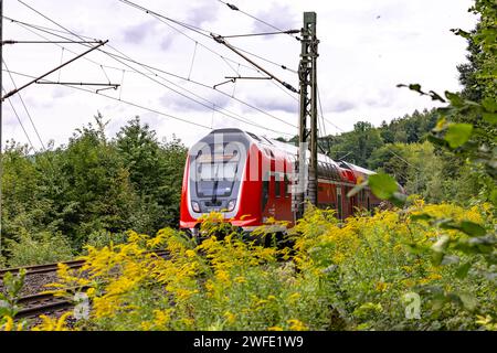 A railcar of a railroad on a free ride through the countryside near Wolken, Germany Stock Photo