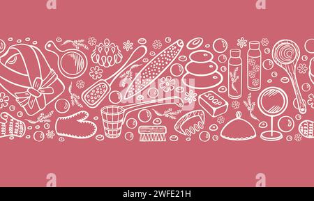 Sauna and spa horizontal seamless pattern in doodle style. Bath accessories sketch. White drawing on a pink background. Vector Stock Vector