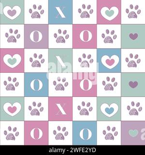 Cute plaid pink, blue and green pastel colored hearts with oxxo text pattern with paw prints Stock Vector