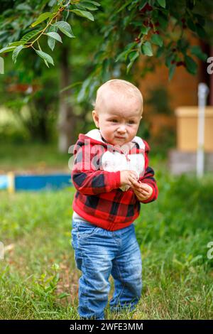 Little girl with hands cupped, savoring the first taste of sweet, sun-ripened cherries in a vibrant garden. Stock Photo