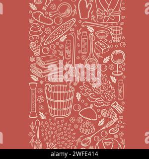 Sauna and spa vertical seamless pattern in doodle style. Bath accessories sketch. White drawing on a orange background. Vector Stock Vector