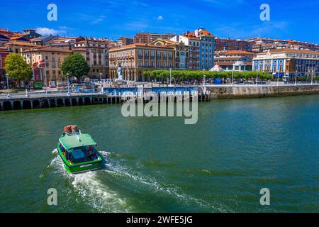 Panoramic aerial vier of El Gasolino, small boat carrying passengers across the River Nervion, between Portugalete and Las Arenas, Getxo, Vizcaya, Pai Stock Photo