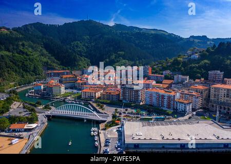 Panoramic aerial view of the fishing port and Ondarroa old town, Biscay, Basque Country, Euskadi, Euskal Herria, Spain Stock Photo