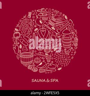 Sauna, SPA and bath accessories. Sketch of items in doodle style. Decorated In the shape of a circle with a place for text. On redbackground. Vector i Stock Vector