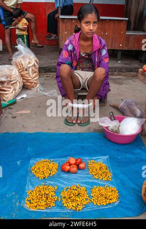 Various Food items for sale at the Indiana Morning Market on the Amazon River Stock Photo