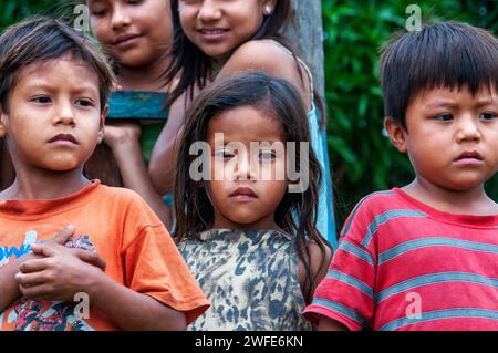 Local children in the riverside village of Timicuro I. Iqutios peruvian amazon, Loreto, Peru Stock Photo