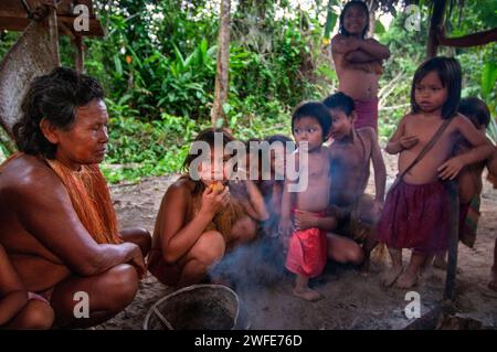 Cooking Yagua Indians living a traditional life near the Amazonian city of Iquitos, Peru.  Yagua, Yahuna, Ñihamwo, Yihamwo, Nihamwo or Mishara are an Stock Photo