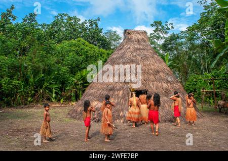 A Yagua maloca, traditional house with thatched roof, surroundings of Iquitos, Amazonian Peru  Yagua, Yahuna, Ñihamwo, Yihamwo, Nihamwo or Mishara are Stock Photo