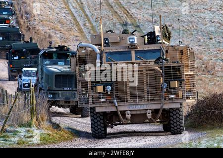 Salisbury Plain, Wiltshire, UK - February 11 2010:British Army Mastiff 2, 6x6 wheel-drive armoured patrol vehicle on the Salisbury Plain Training Area Stock Photo